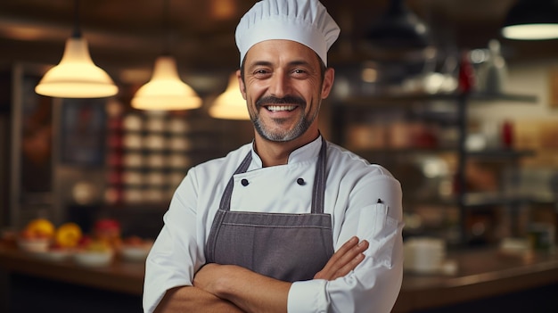 Um chef feliz com os braços cruzados