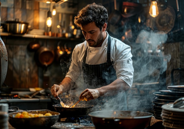 Foto um chef focado a atirar comida numa frigideira.