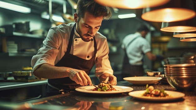 Foto um chef focado está meticulosamente enfeitando um prato em uma cozinha profissional