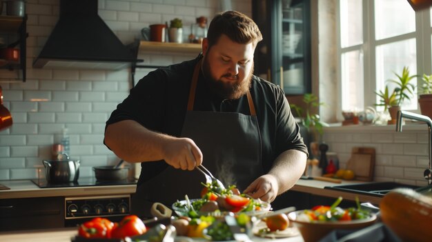 Um chef gordo preparando um frito de vegetais coloridos em uma cozinha moderna focada na culinária