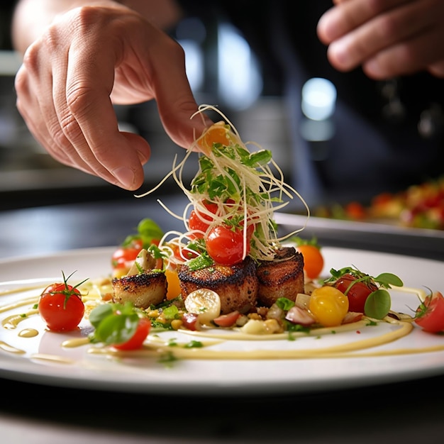 Um chef gourmet servindo um prato visualmente impressionante mostrando a arte culinária