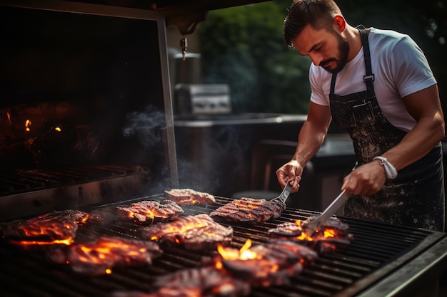 Um chef grelhando hambúrgueres de churrasco perfeitamente carbonizados