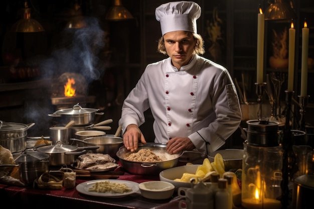 Um chef habilidoso com chapéu de chef prepara cuidadosamente a comida em uma cozinha movimentada O chef no restaurante Gerado por IA