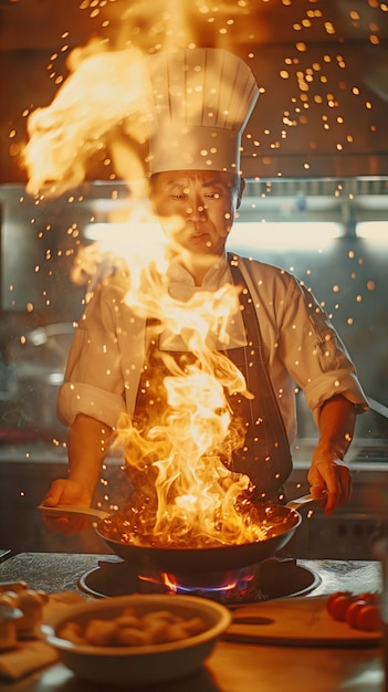 Foto um chef habilidoso da ásia está preparando comida em uma panela sobre uma chama aberta em uma cozinha que parece genuína