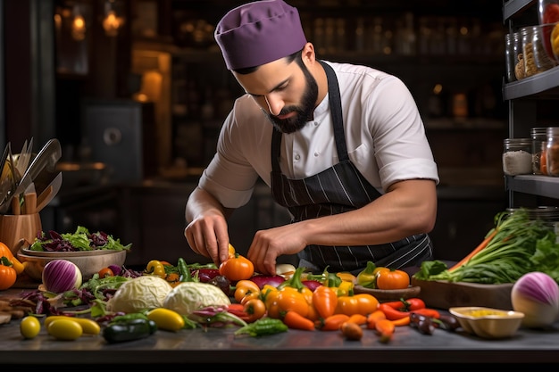 Um chef habilmente cortando legumes em uma cozinha movimentada mostrando a arte e a paixão