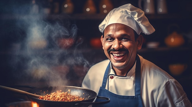 Foto um chef indiano sorridente cozinhando um prato picante saboroso mostrando o fascínio aromático da culinária indiana