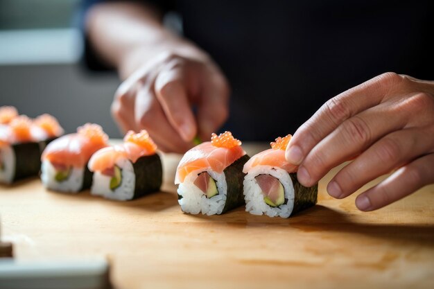 Um chef japonês fazendo rolos de salmão