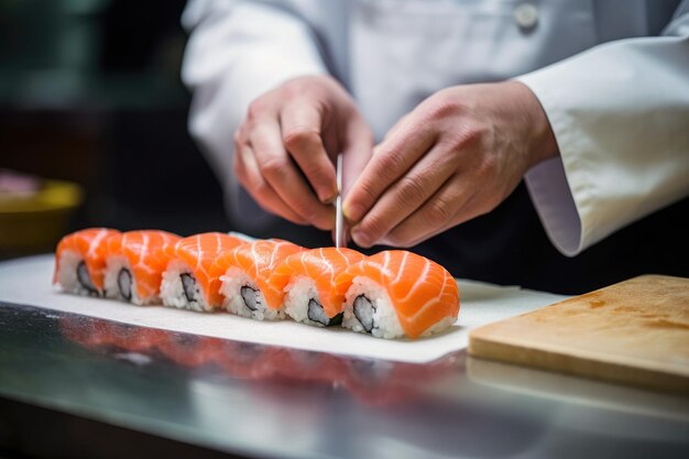 Foto um chef japonês prepara rolos de sushi de salmão