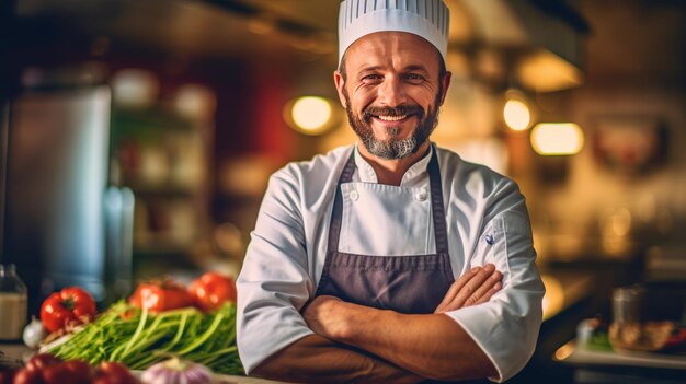 Um chef masculino sorridente na cozinha