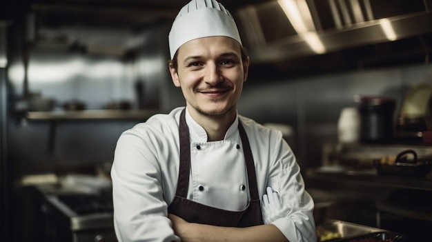 Um chef na cozinha de um restaurante com os braços cruzados