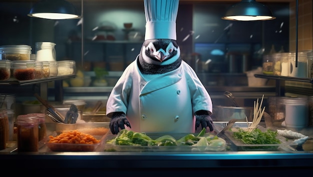 Um chef pinguim em um chapéu e casaco de chef está cozinhando na cozinha de pé atrás de um balcão com legumes