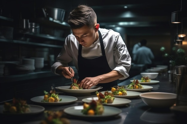 Um chef prepara comida na cozinha de um restaurante.