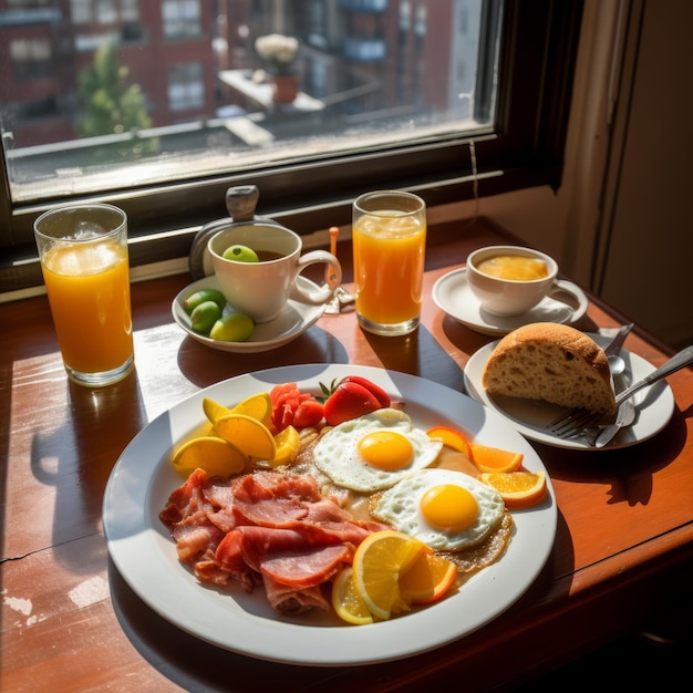 Um chef prepara um colorido pequeno-almoço típico americano enquanto a luz do sol entra pela janela