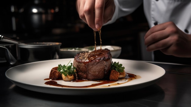 Um chef prepara um prato de carne com molho por cima.