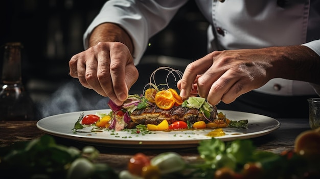 um chef prepara um prato de comida com uma faca.