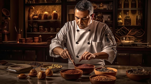 Um chef prepara uma refeição em um restaurante.