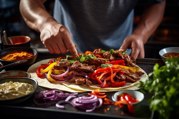 Foto um chef preparando fajitas com guarnições coloridas