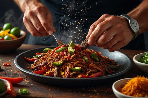 Um chef preparando um lote de temperamento de fajita caseiro