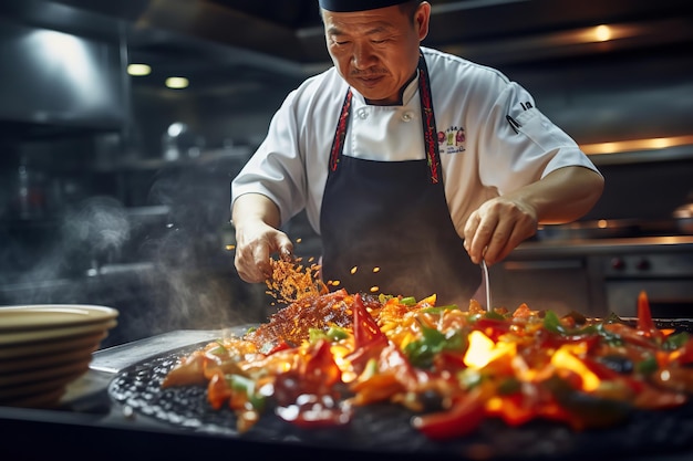 Um chef preparando um prato escaldante de frango ung Pao