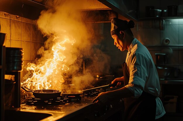 Um chef profissional asiático prepara vários pratos chineses na cozinha de um restaurante caro