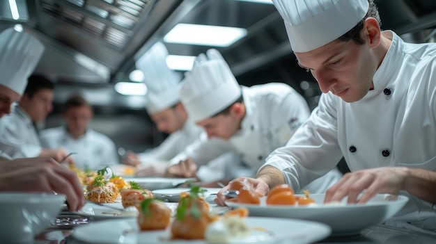 Foto um chef profissional de uniforme branco está decorando um prato de comida