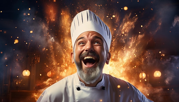 Um chef profissional em seu uniforme imaculado e chapéu de assinatura ilumina a cozinha com seu sorriso contagiante trazendo riso e alegria para o espaço culinário