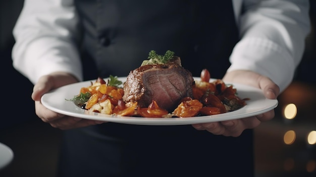 Um chef segura um prato de comida com um pedaço de carne