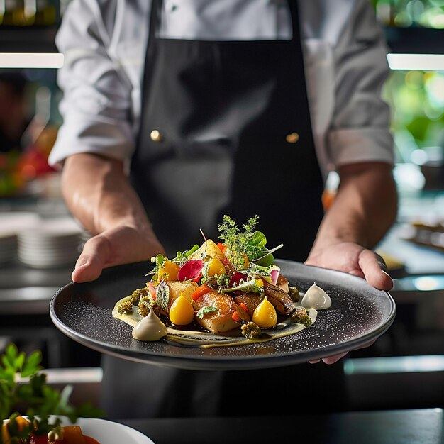 um chef segura um prato de comida com uma salada nele