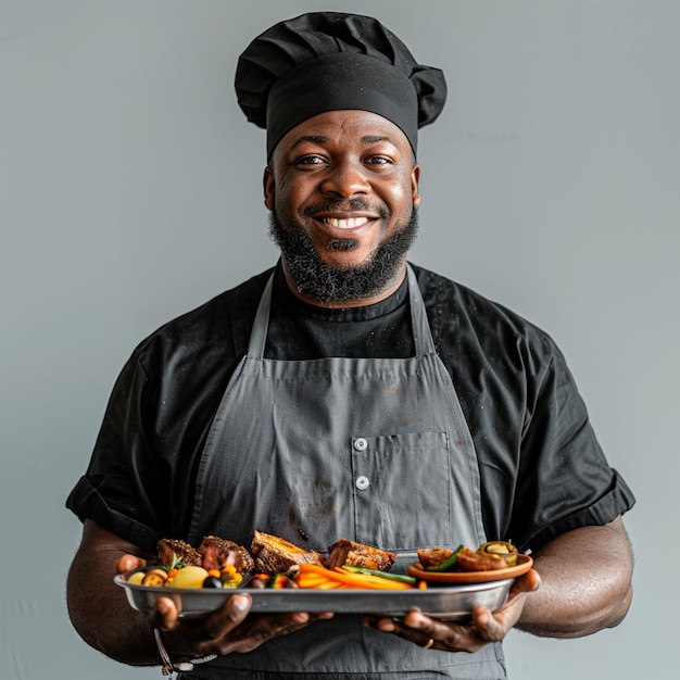 Foto um chef segurando um prato de comida com a letra r nele