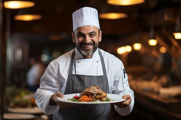 Um chef segurando um prato de comida com um peru nele.