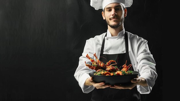 Foto um chef segurando uma tigela de comida com lagostas nela