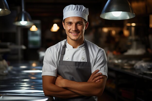 um chef sorridente posando em uma cozinha de restaurante