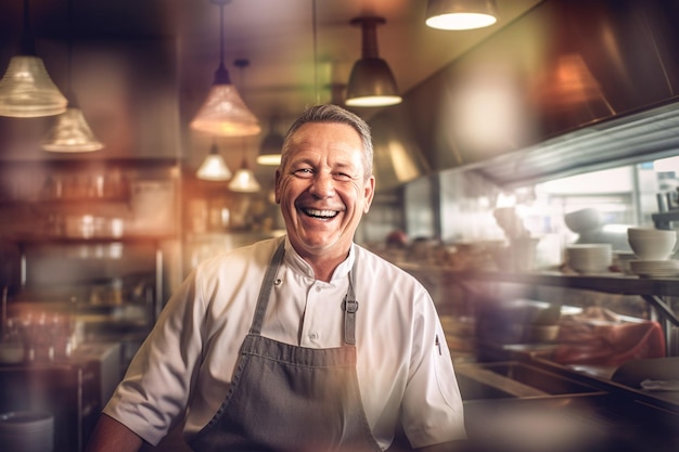 Um chef sorrindo em um restaurante