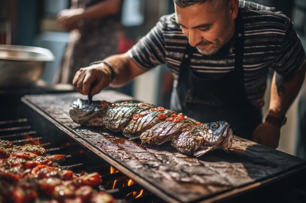 Foto um chef temperando um peixe inteiro antes de assar