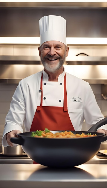 Um chefe de cozinha sorridente na cozinha.