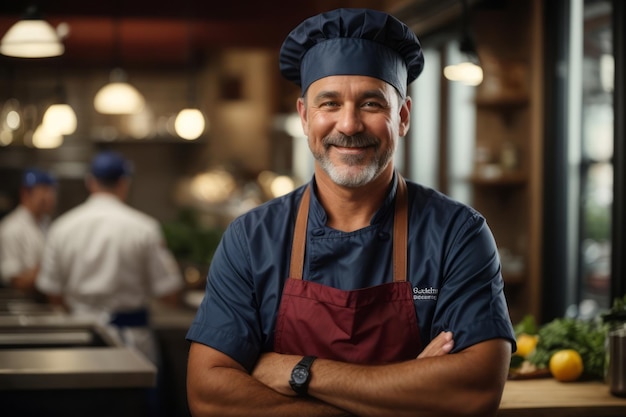 Um chefe de cozinha velho sorridente usando um chapéu de chef39s de pé na cozinha de um restaurante