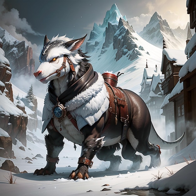 um chefe de videogame em um terreno gelado e traiçoeiro com montanhas cobertas de neve