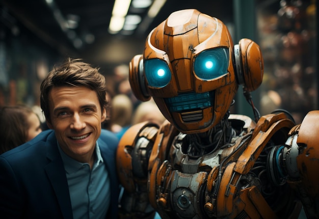 um chefe tirando selfie com reação feliz com seus funcionários Robô e amizade humana futura ai