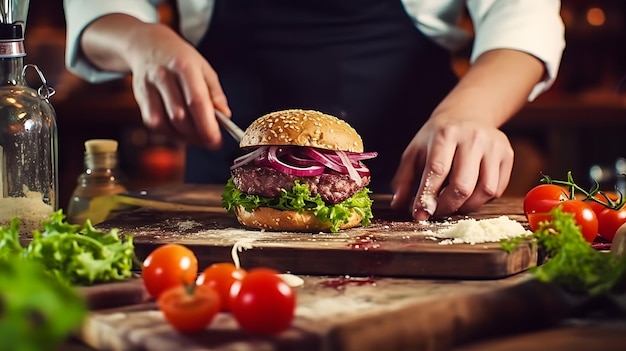 Foto um cheff masculino está preparando um hambúrguer