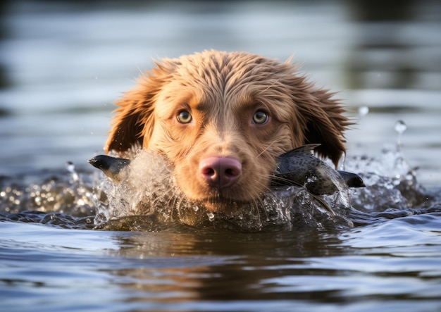 Um Chesapeake Bay Retriever emergindo da água com um pato recém-recuperado na boca