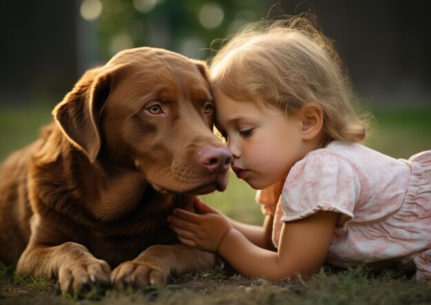 Foto um chesapeake bay retriever se relacionando com um jovem membro da família no quintal