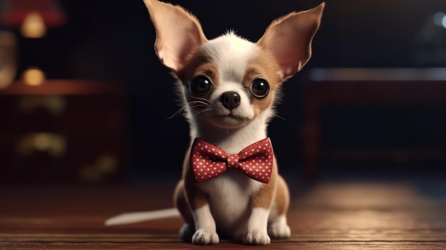 Foto um chihuahua com uma gravata borboleta está sentado em uma mesa.