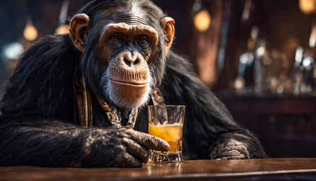 Foto um chimpanzé a beber num bar.