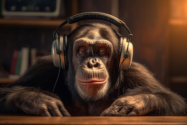 Um chimpanzé com fones de ouvido e um livro atrás dele