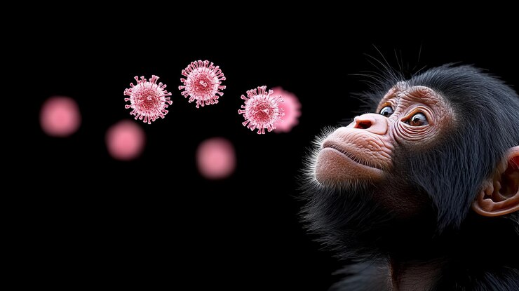 Foto um chimpanzé curioso observando formas de vírus flutuantes em fundo preto