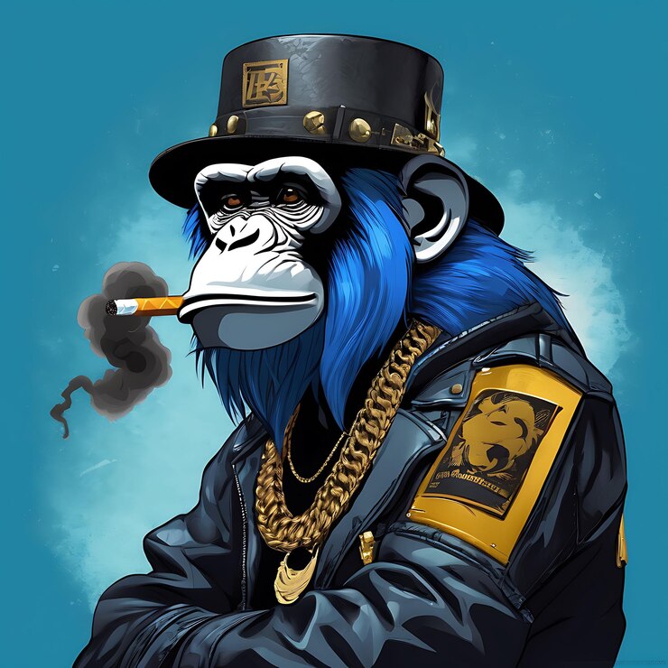 Foto um chimpanzé de cabelos azuis frios fumando um charuto com um chapéu preto e uma jaqueta de couro