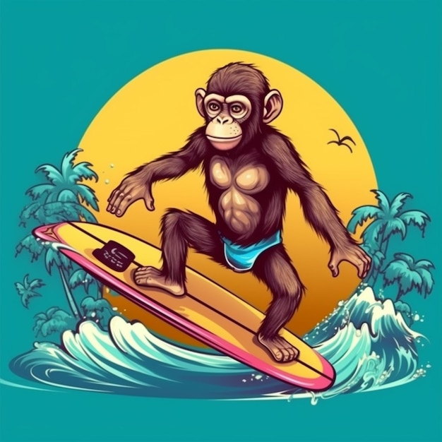 Um chimpanzé de desenho animado montando uma prancha de surf em uma onda generativa ai