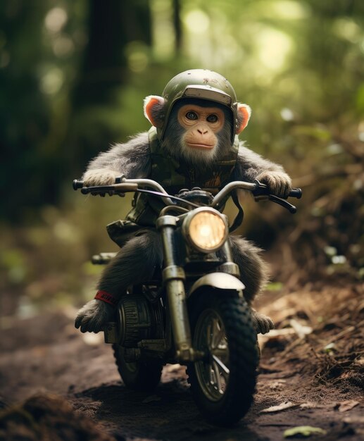 um chimpanzé em uma minibike andando por uma floresta
