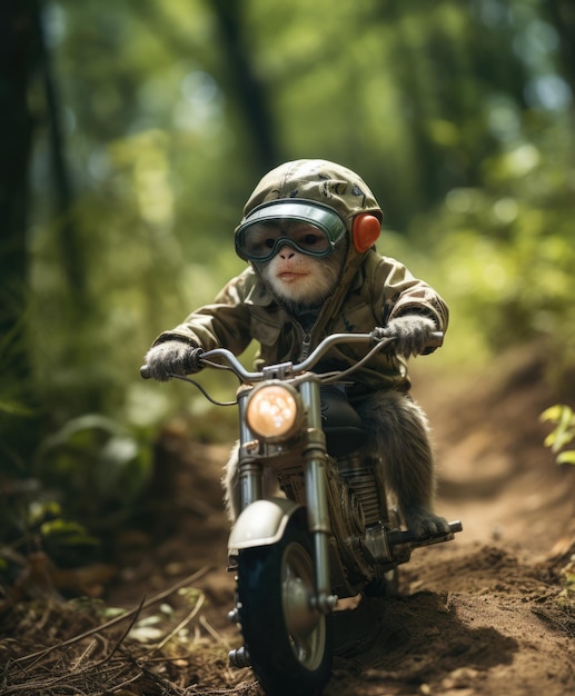 um chimpanzé em uma minibike andando por uma floresta