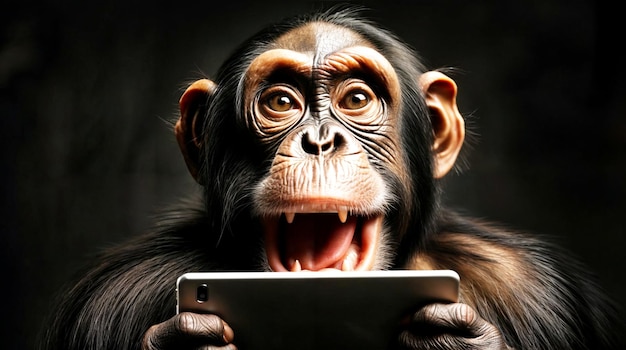 Um chimpanzé está segurando um tablet